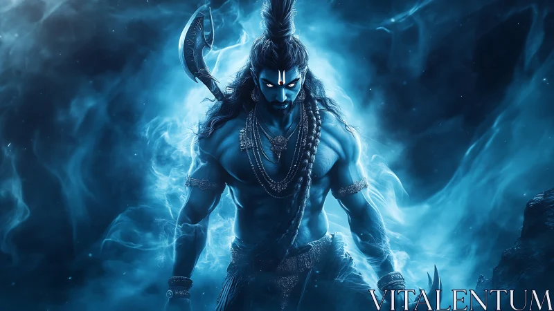 Divine blue warrior in ethereal smoke with glowing gaze.