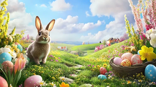 Curious spring bunny greets a colorful Easter valley