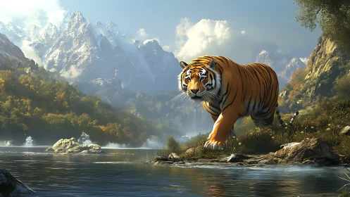 Majestic tiger strides along alpine river under luminous peaks