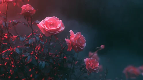 Crimson Roses Illuminated Against Moody Teal Gradient Atmosphere.