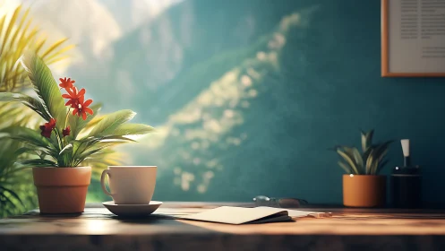 Morning notebook hush with coffee steam and sunlit leaves.