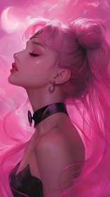 Side profile of pink haired woman in celestial pink sky.