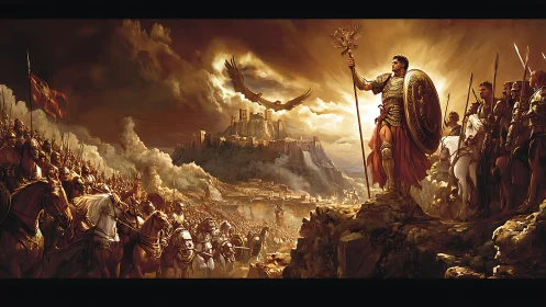 Sunlit clash of empires before a storm-wreathed citadel.