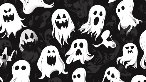 Cartoon ghost pattern on dark seamless Halloween background.