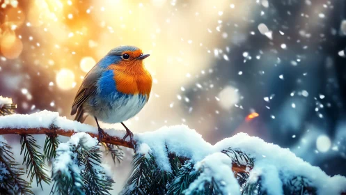 Vibrant European Robin on Snowy Branch, Winter Nature Scene.
