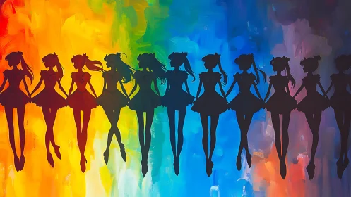 Rainbow silhouettes of magical girls dancing across twilight.