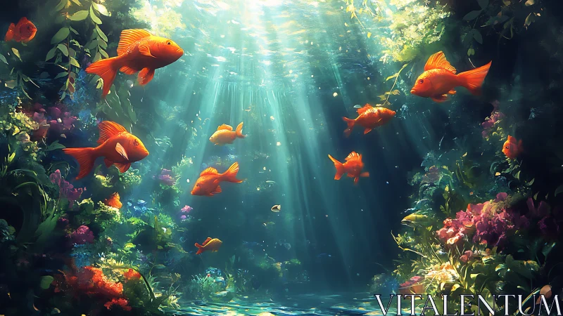 Sunlit goldfish drifting through a dreamy garden sea.