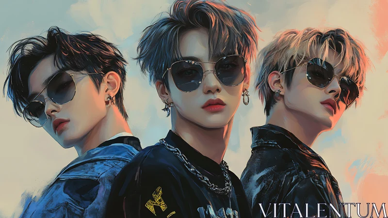 Digital painting of stylish trio in mirrored sunglasses alignment.