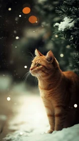 Ginger Cat Watches Snowy Night Lights. Winter Wonder.