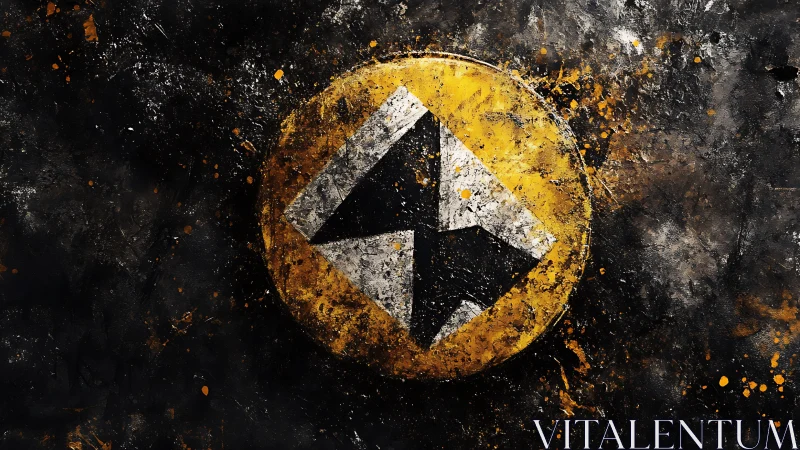 Grunge-styled yellow badge showcases bold geometric symbol