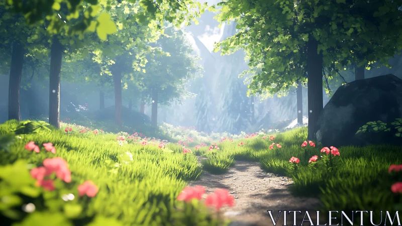 Sunlit Forest Glade with Wildflower Meadow and Volumetric Light.