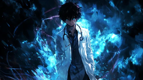 Midnight healer wrapped in swirling electric blue light.