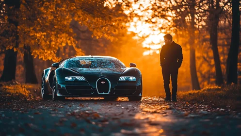 Supercar on forest road in golden autumn sunset glow.