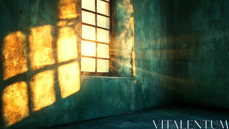 Sunlit window casting geometric shadows in teal room.