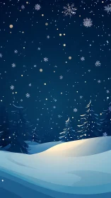 Nighttime snowfall covers stylized conifer trees and snowdrifts
