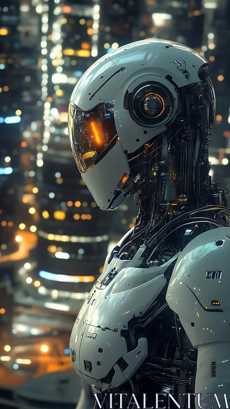 Humanoid android observes neon cityscape under night lights