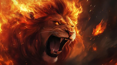 Roaring fiery lion head rendered in dynamic digital painting