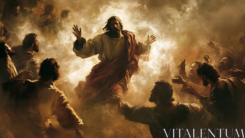 Radiant central figure ascends amid disciples in luminous haze