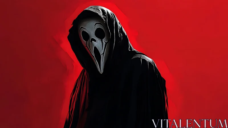 Hooded spectral figure with elongated mask on crimson field.
