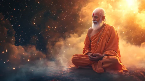 Mystic elder monk meditating in cosmic golden nebula light.