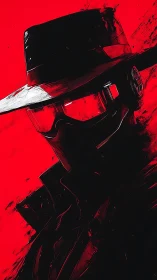 Cybernetic noir agent framed against stark crimson void