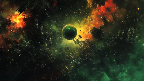 Ringed planet amid fragmented nebula and debris field.