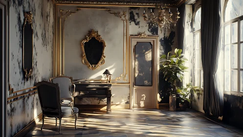 Sunlit vintage salon contrasts grandeur with gentle decay.