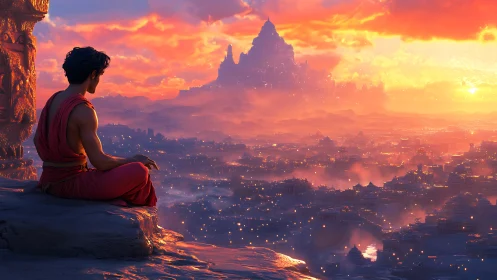 Sunset meditation above a glowing mythical mountain city.