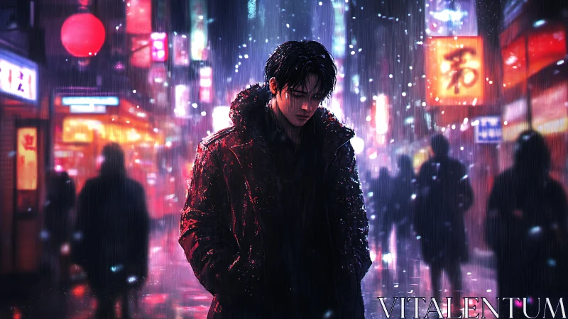 Solitary figure in neon city street under winter rainfall.