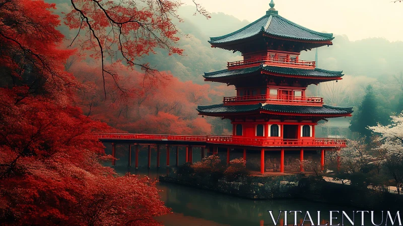 Red Japanese pagoda with bridge in misty autumn forest.