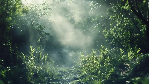Sunlight Through the Misty Forest Path.