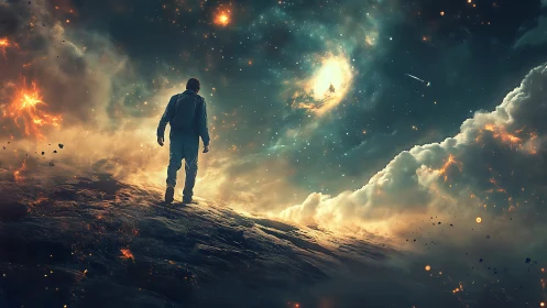 Solitary astronaut on irradiated ridge beneath nebular sky