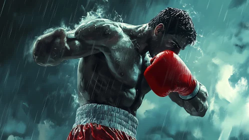 Boxer in Rain: Stormy Momentum Combat Sport.