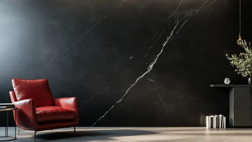 Crimson lounge chair ignites a sleek black marble retreat.