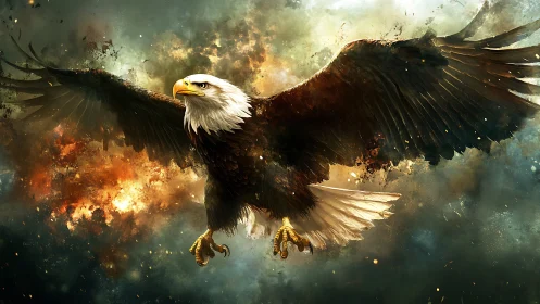 Majestic Bald Eagle Soaring in Dramatic Digital Fantasy Art.