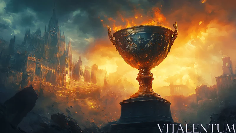 Giant flaming chalice dominates ruined fantasy cityscape