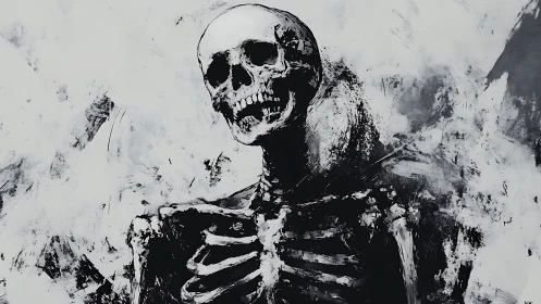 Expressionist monochrome skeleton portrait with gestural brushwork.