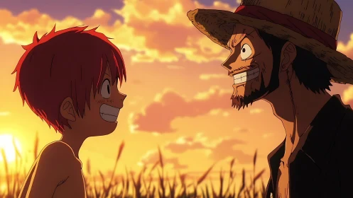 Sunset anime duo sharing wide grins in golden field.