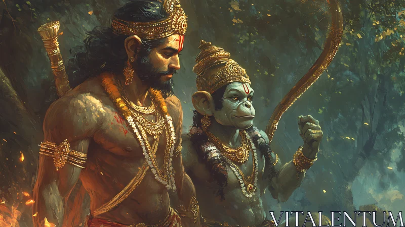 Warrior and simian figure stand in ornate forest setting