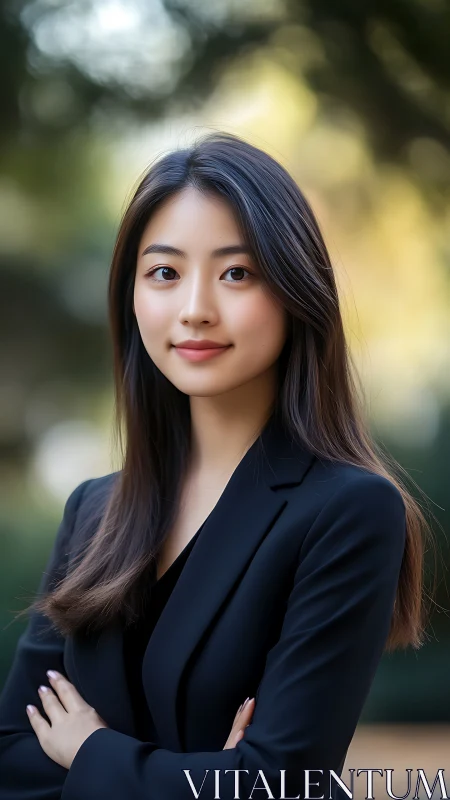 Calm confidence in a navy blazer beneath soft garden light.