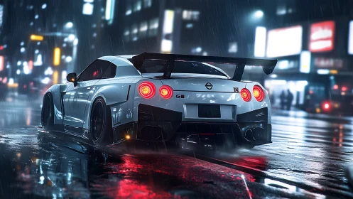 Street samurai coupe carving neon rain on midnight asphalt.