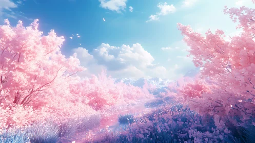 Pastel cherry valley under luminous spring sky.