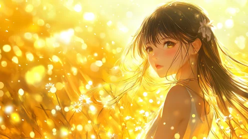 Backlit anime girl in golden bokeh field with dynamic rim lighting