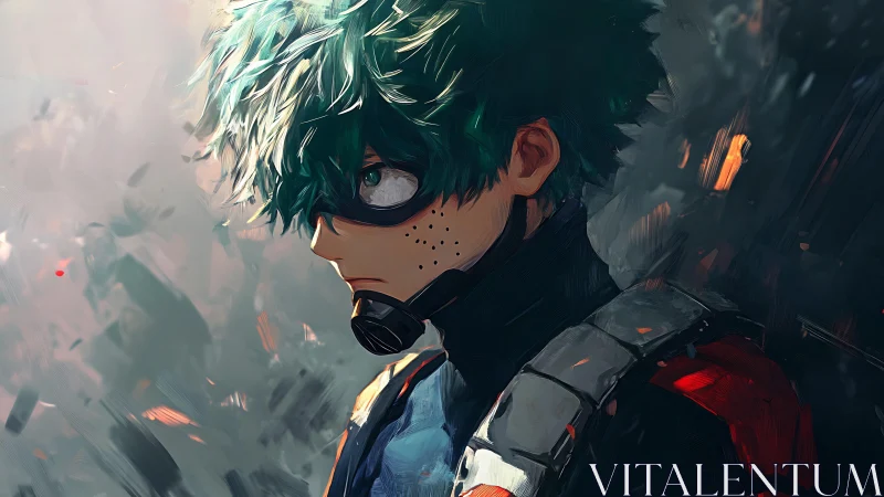 Brooding green-haired hero studies battlefield chaos alone