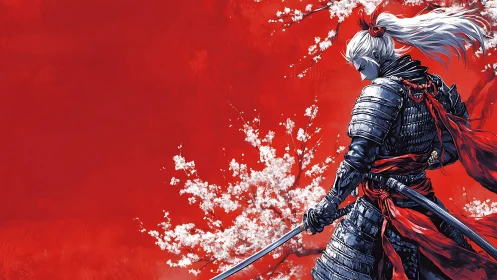 Crimson wind samurai before white blossoms on scarlet sky.