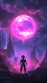 Anime silhouette under neon celestial core in dystopian skyline.