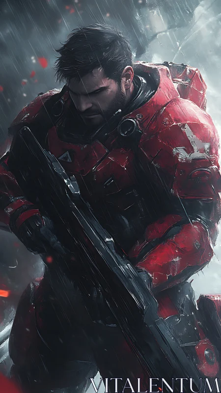 Armored infantry in red exosuit braces rifle under heavy rain
