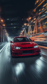 Midnight sprint with a vivid red tuner under city lights.