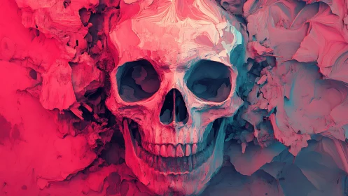 Human skull in abstract textured red and teal environment.