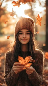 Woman stands in autumn forest holding orange maple leaves